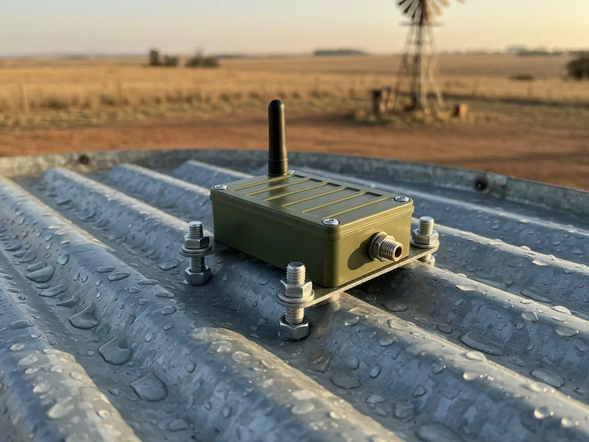 AQL-1 mounted on top of a galvanised farm water tank on station