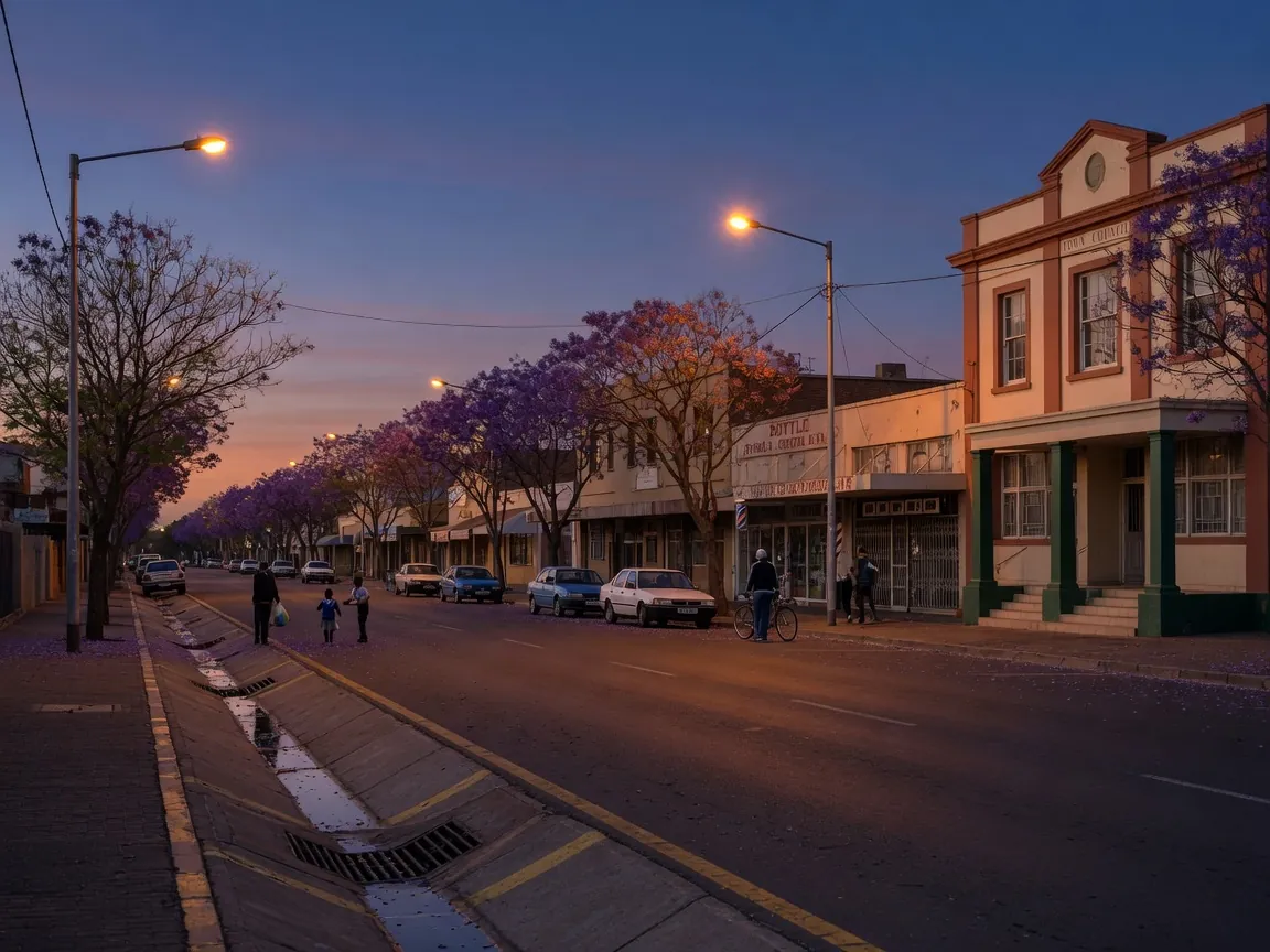 South African town main street at dusk with streetlights coming on