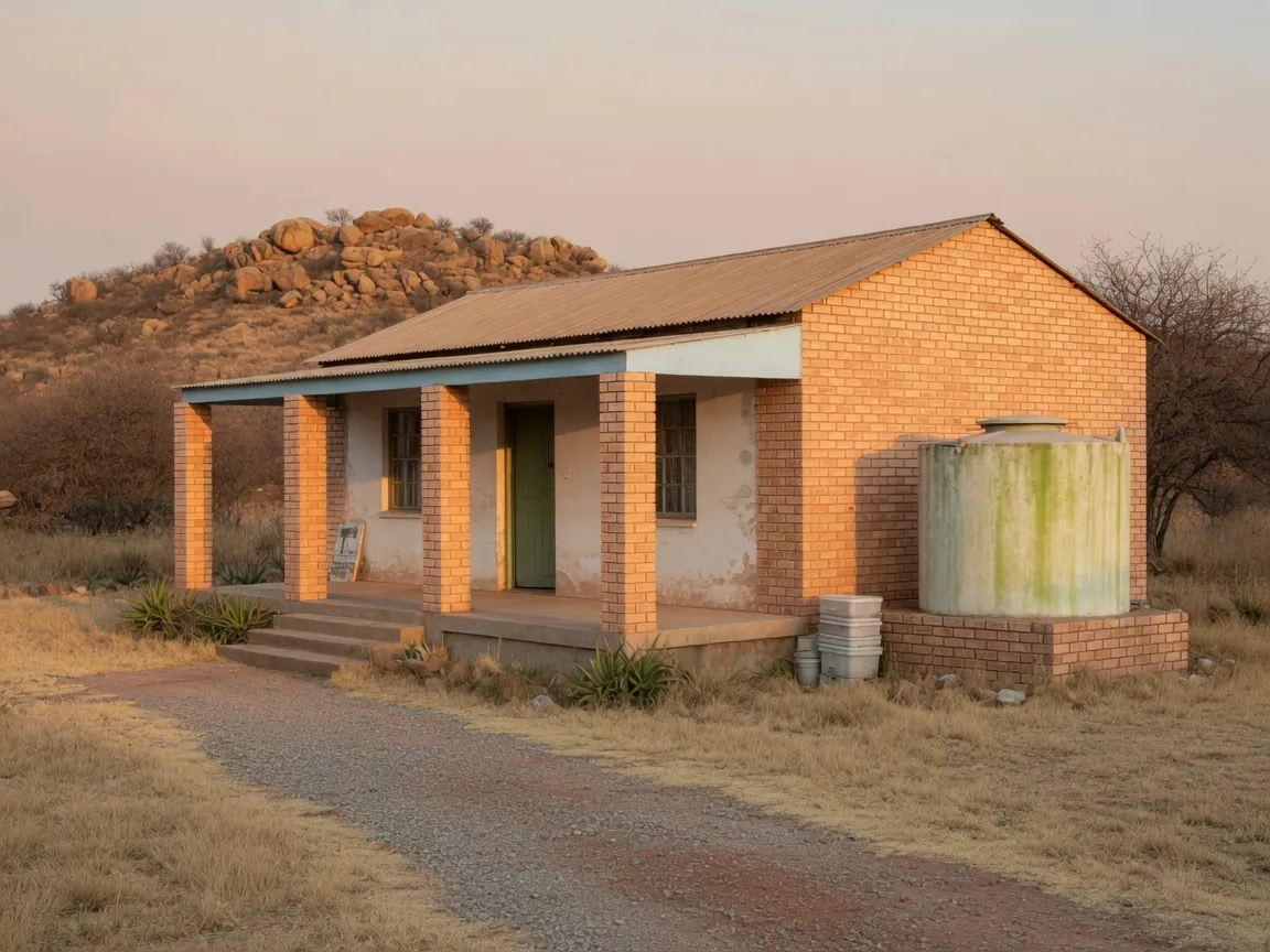 Small rural South African clinic building with a water tank