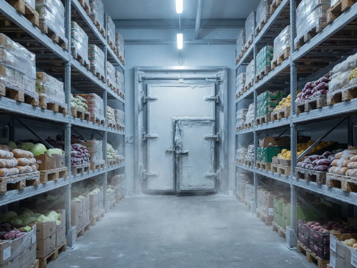 Interior of a refrigerated cold store with palletised racking and frost on the shelving