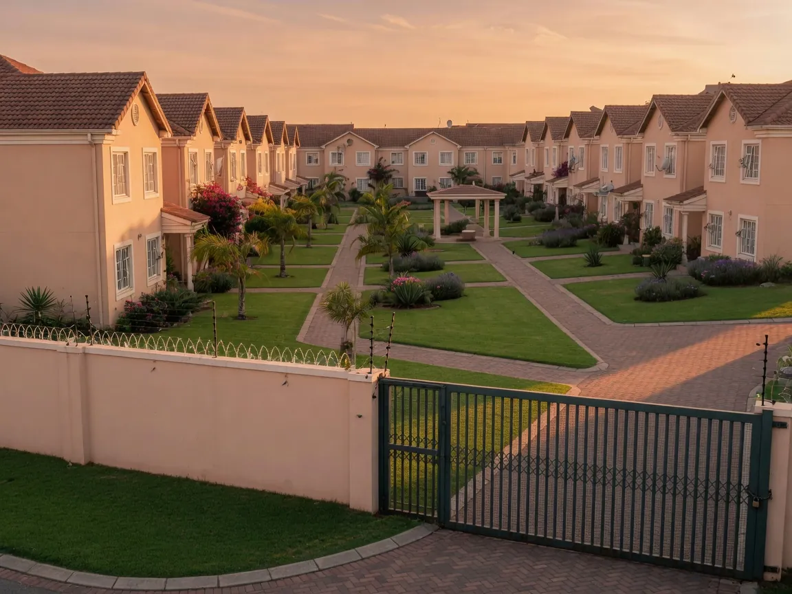 South African security estate with townhouses, common lawns and an entrance gate