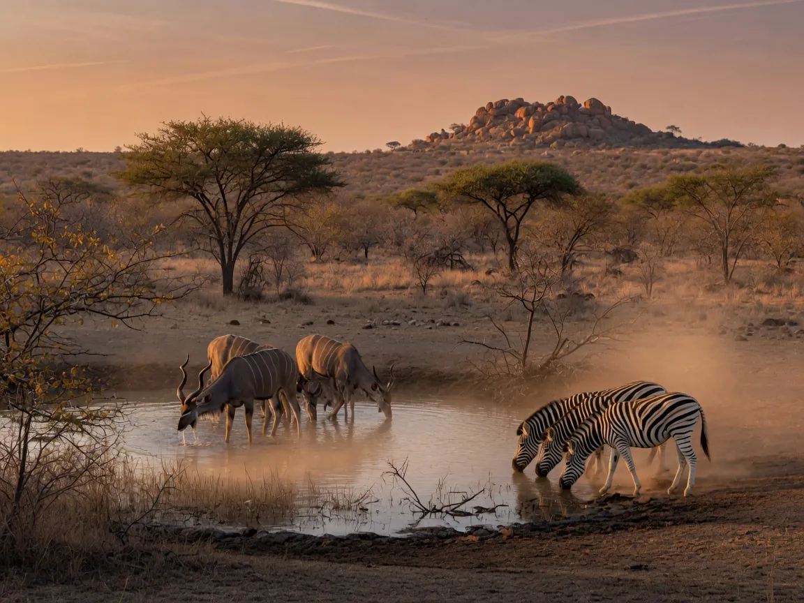 Kudu and zebra drinking at a bushveld waterhole at golden hour
