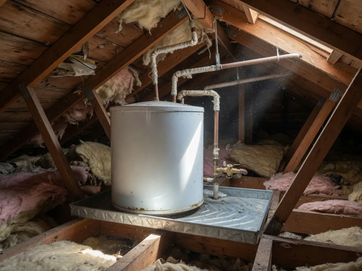 Domestic hot-water geyser in a roof space with drip tray and lagged copper pipes