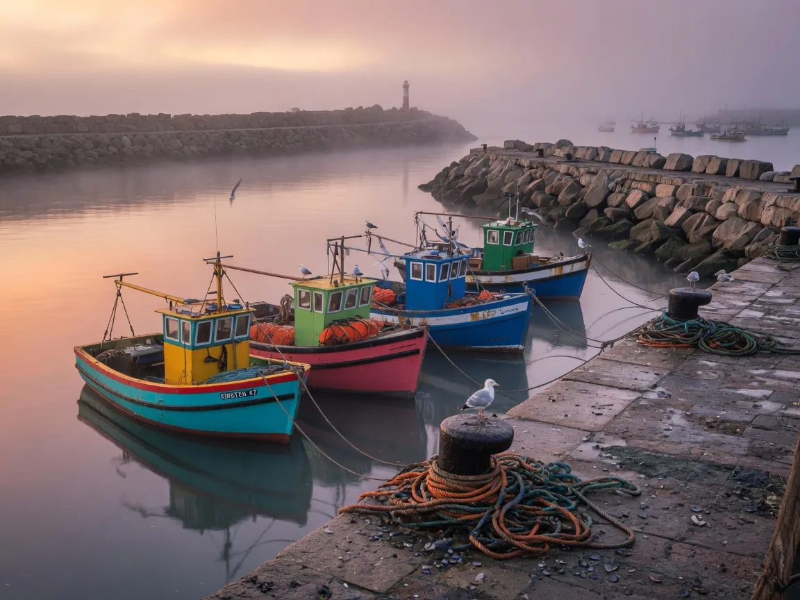 Fishing trawlers moored along a harbour quay at dawn