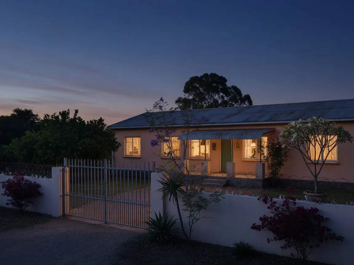 South African smallholding homestead at dusk with a security gate in the foreground