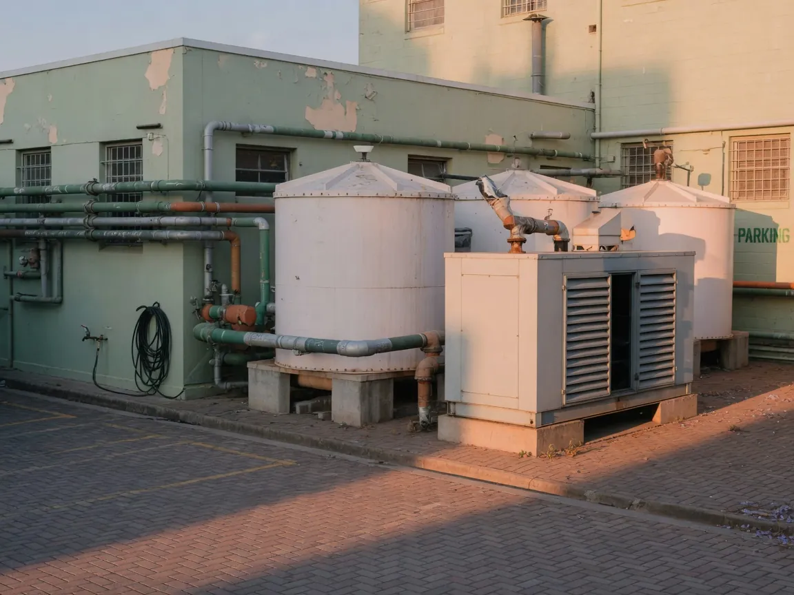 Hospital service yard with water storage tanks and a generator housing