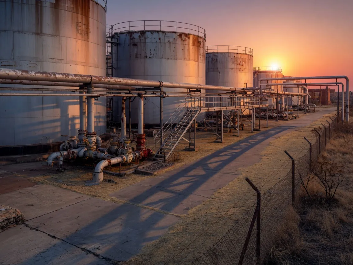 Industrial plant yard with steel storage tanks and pipework at golden hour
