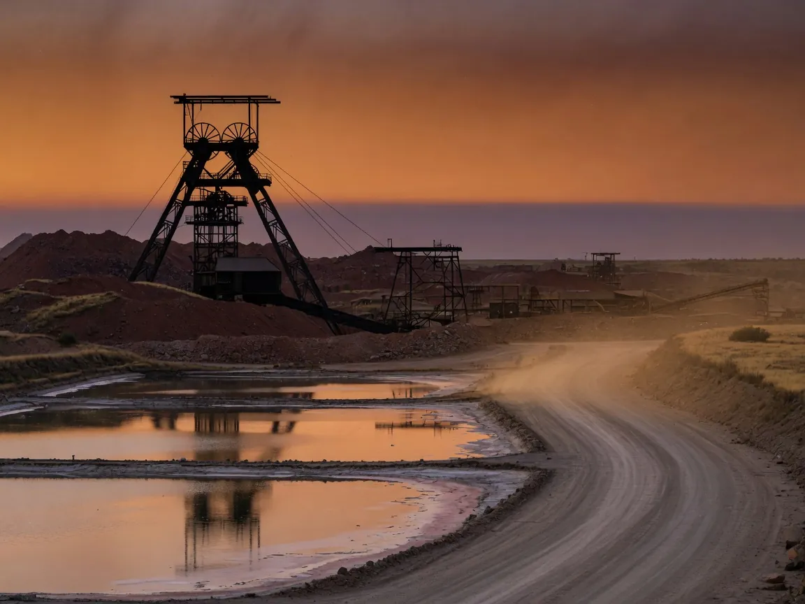 South African mine headgear silhouetted above settling ponds at dusk