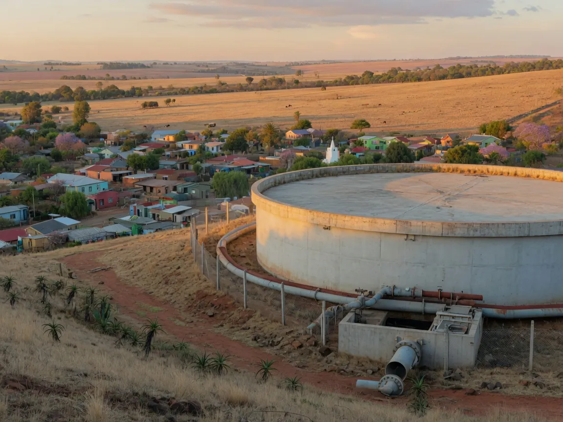 Municipal water reservoir on a hill above a small South African town
