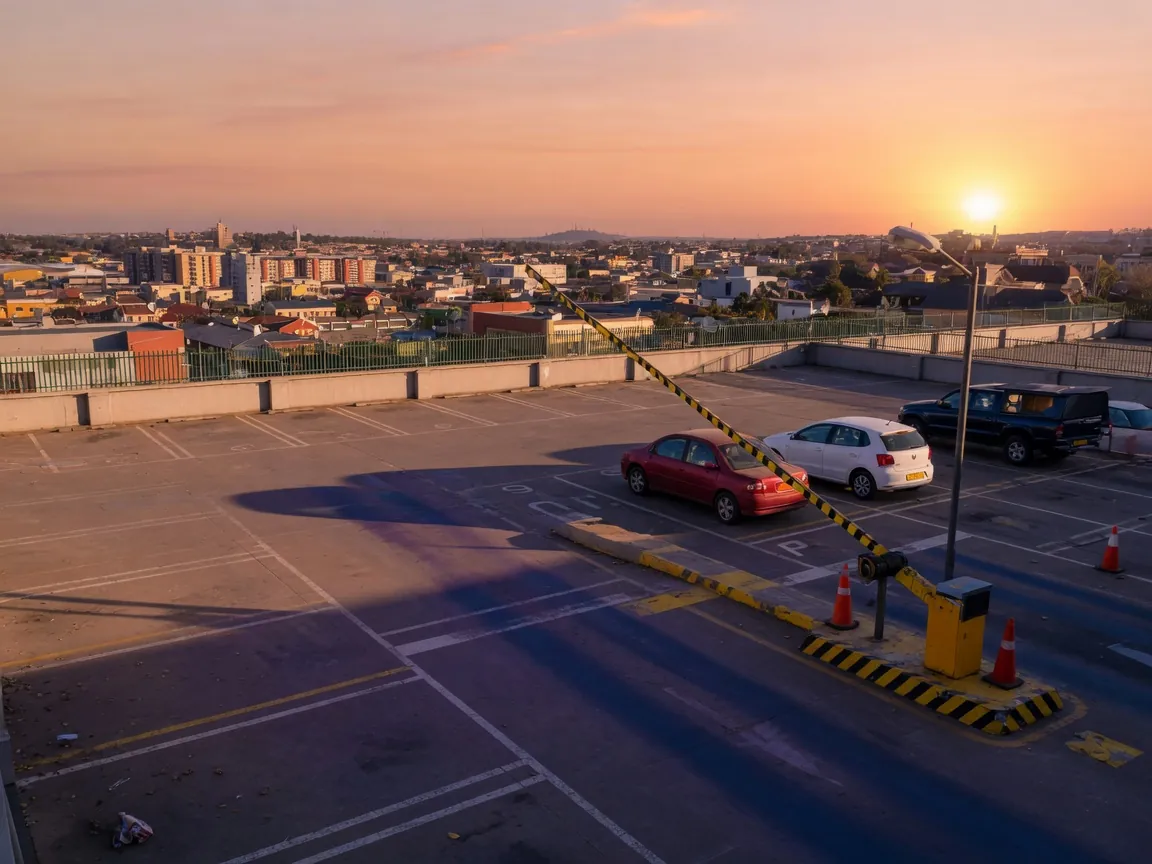 Rooftop parking deck at golden hour with a boom barrier