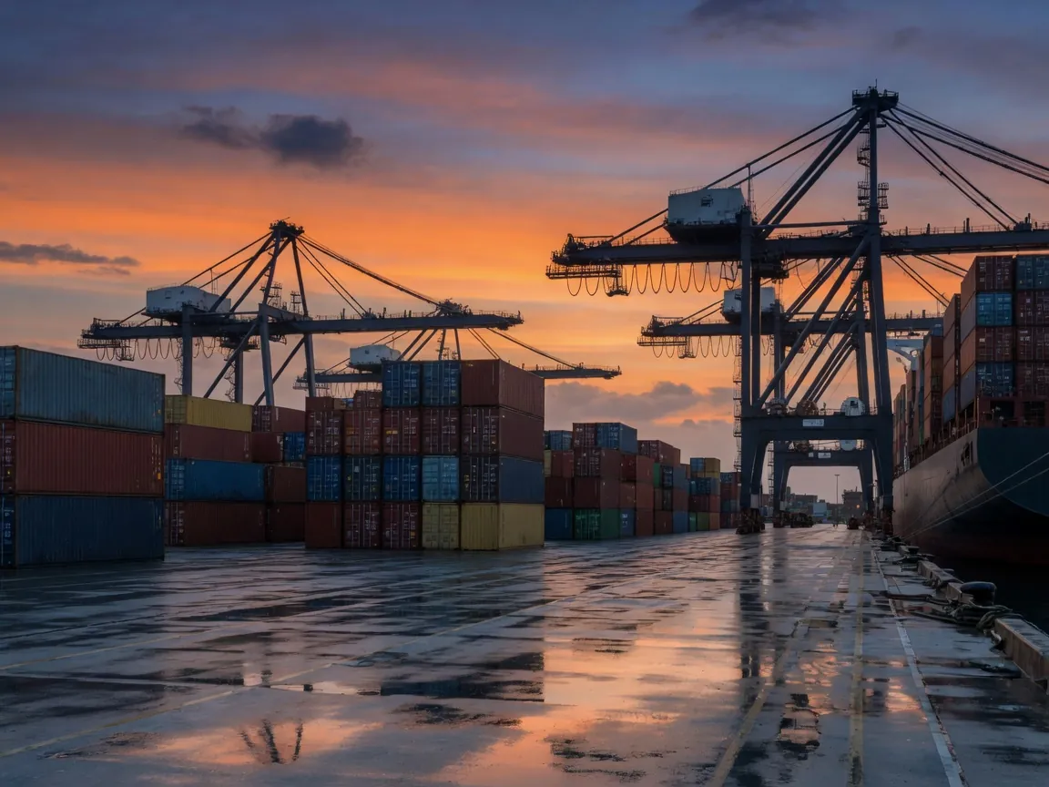 Container terminal quayside with gantry cranes at dusk