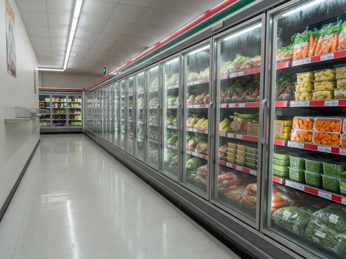 Supermarket aisle with refrigerated display cabinets