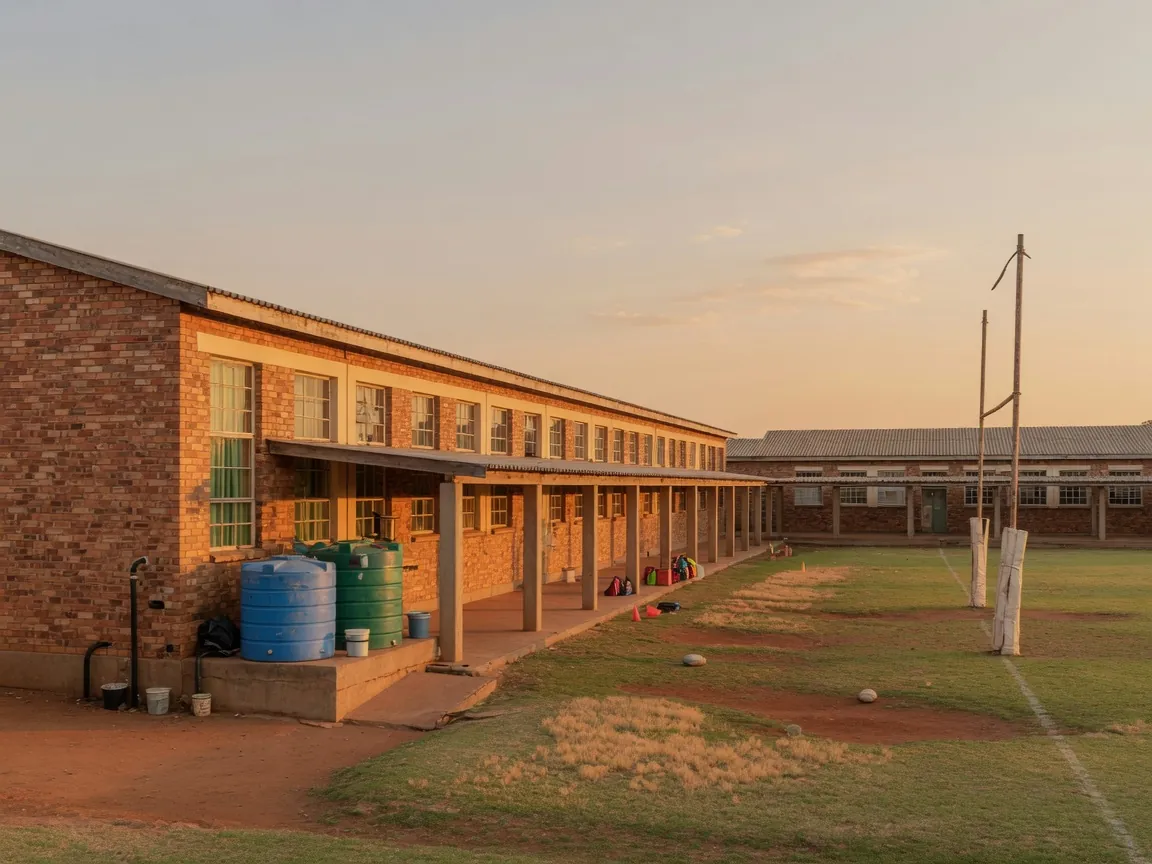South African school with classroom blocks, sports field and water tanks
