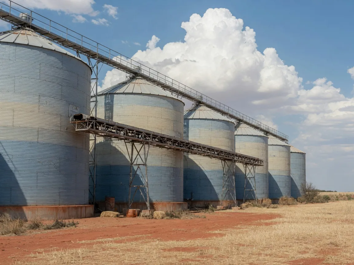 Row of corrugated grain silos on a South African farm co-op