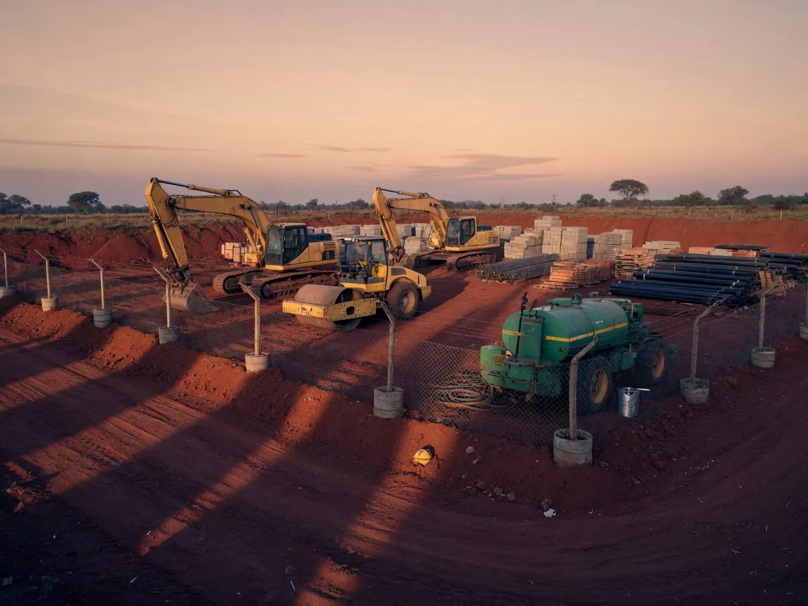 South African construction site at first light with excavators in a fenced laydown area