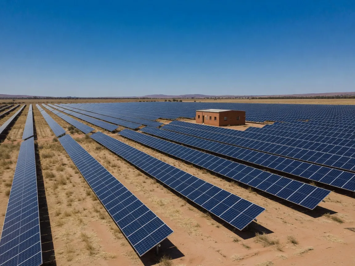 Rows of solar photovoltaic panels across dry South African farmland