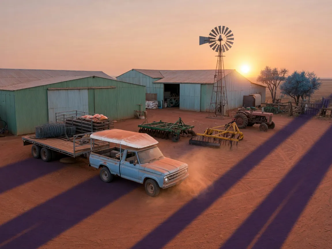 Farm bakkie and trailer parked in a dusty farmyard at golden hour