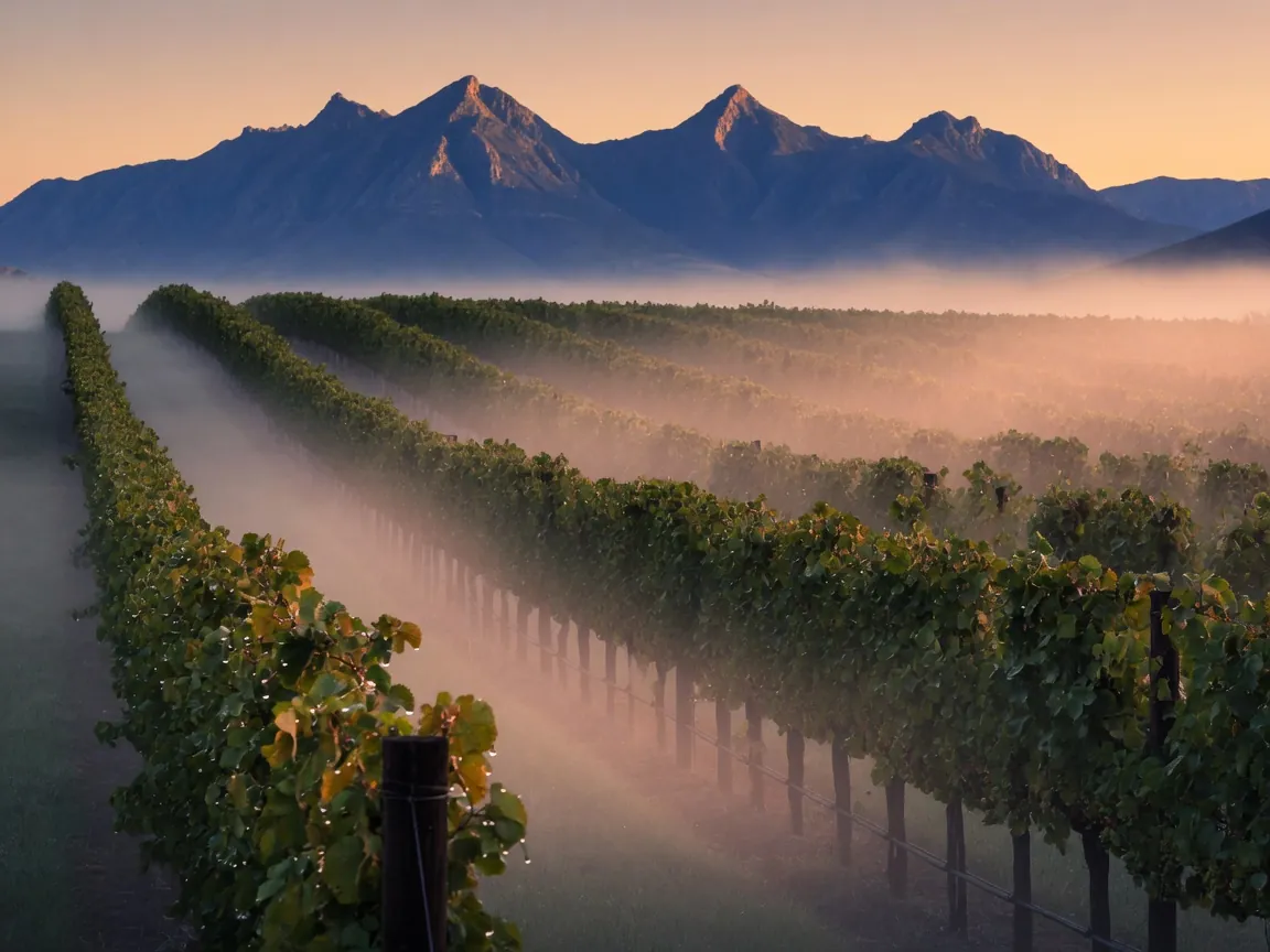 Rows of vines in the Cape Winelands at dawn