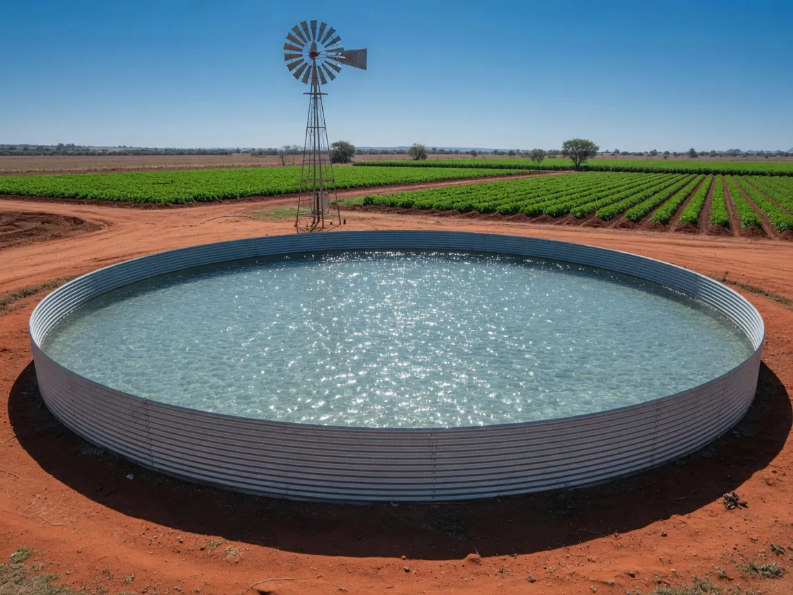 Sensor on the rim of a full galvanised farm reservoir, watching the water level